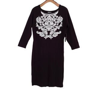 New York & Company Dress Womens Medium Black Midi Knitted Sheath Bohemian